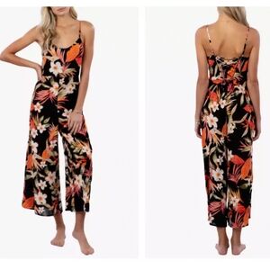 RIP CURL Black Floral Print North Shore Lace-Up Wide Leg Pants Jumpsuit Size XL.